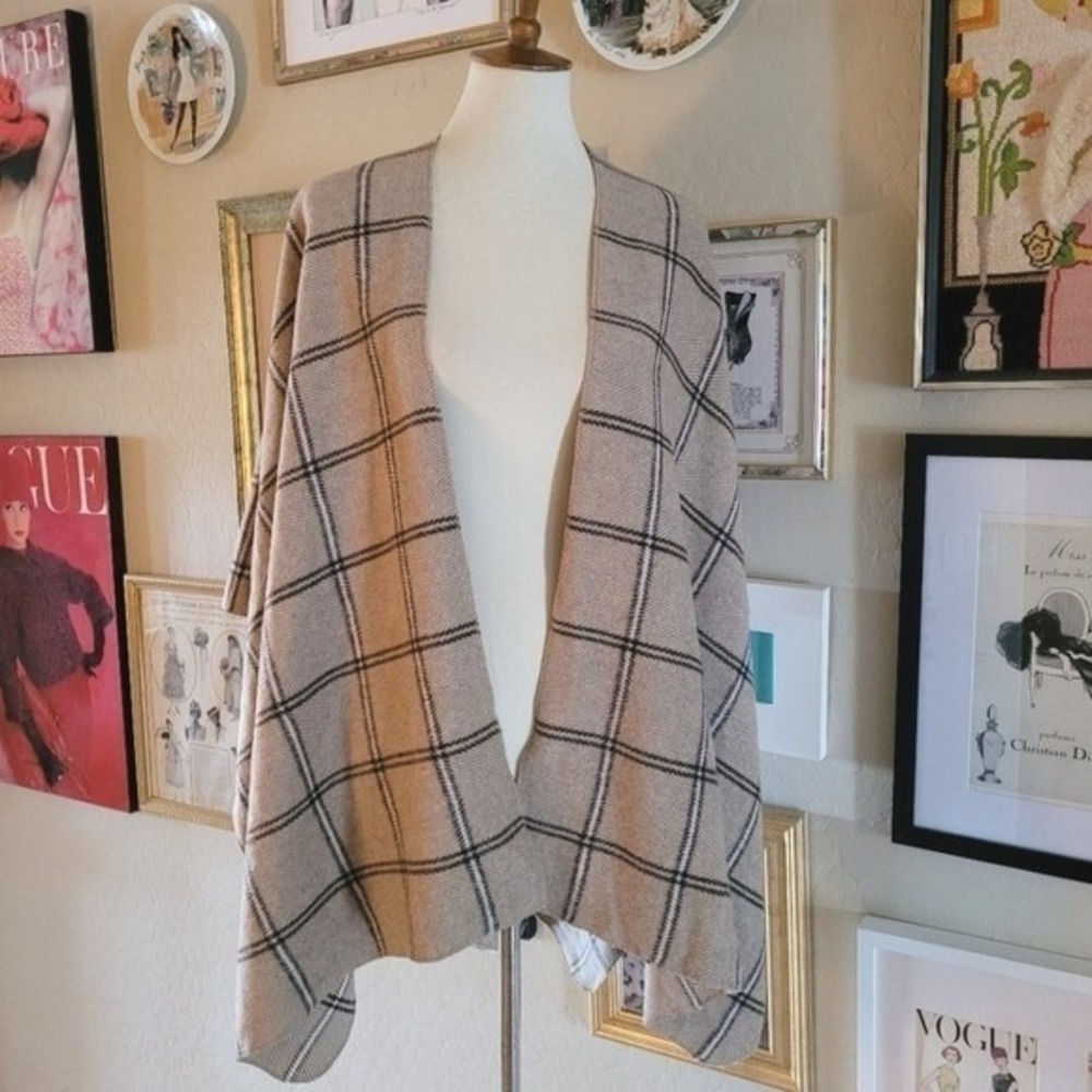 Taupe and Black Plaid Blanket Wrap